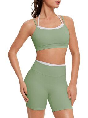 Women Tender Green Doubel Layer Open Back Activewear Sports Bra & Gym Shorts Set